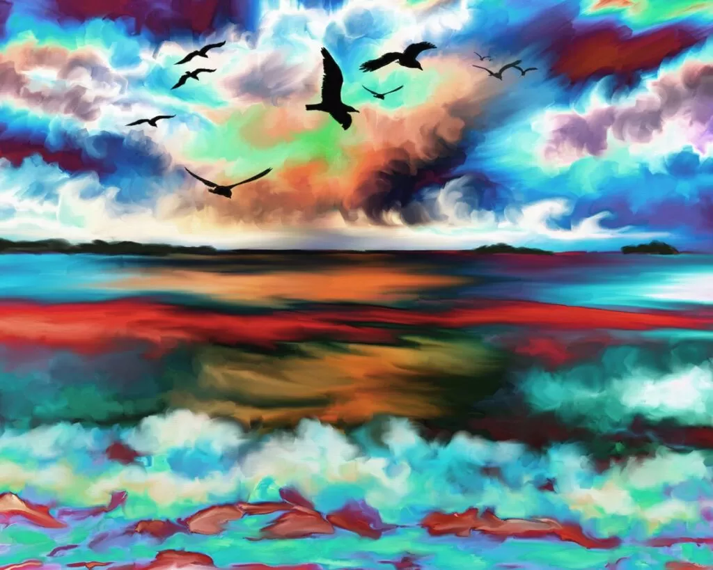 colorful beach scene with birds